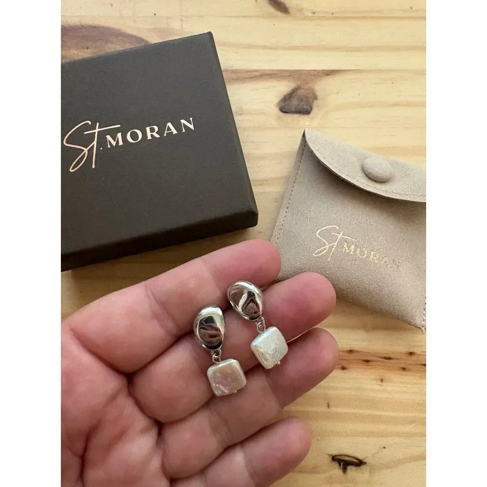 St Moran Square Freshwater Pearl Drop Earrings Silver Plate